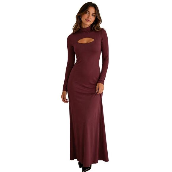 Other Dresses & Skirts - Womens Brown Cut Out Bodycon Maxi Dress Small Long Sleeve Mock Neck Shoulder Pad